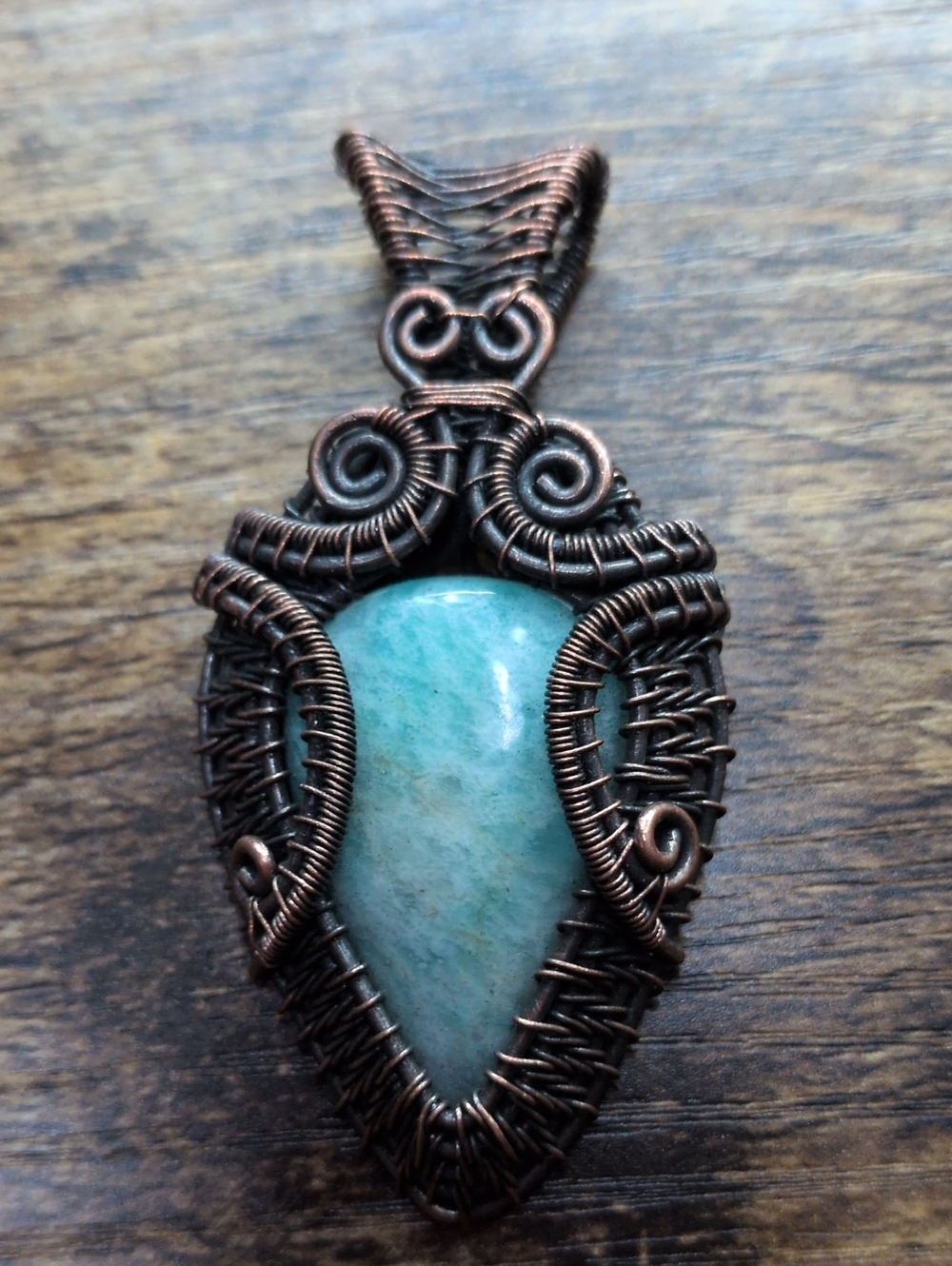 Handcrafted Copper Wire Wrapped Amazonite Pendant - Teardrop